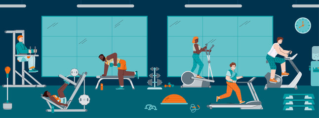 Concept of healthy lifestyle. Gym with equipment and active people engaged in sports, fitness, workout and physical exercises. Horizontal vector banner.