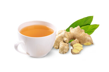 Cup of hot ginger tea with ginger root and leaves isolated on white background.