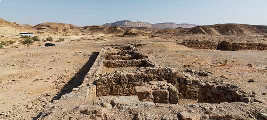 many rooms surround the courtyard of the nabatean khan saharonim cavaranserai in the makhtesh ramon...