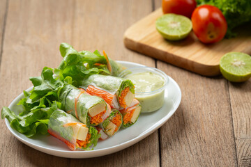 Imitation crab stick fresh vegetable salad rolls.