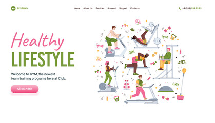 Healthy lifestyle website header and cartoon people training in gym, flat vector illustration. Webpage layout with People exercising on special sport gym equipment.