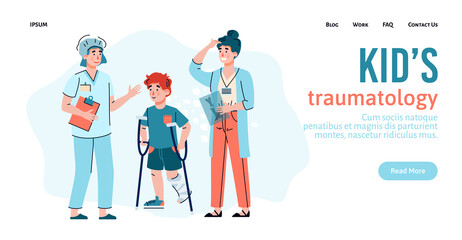 Website banner for kids traumatology clinic with little child on crutches, flat cartoon vector illustration. Children traumas and fractures treatment hospital.