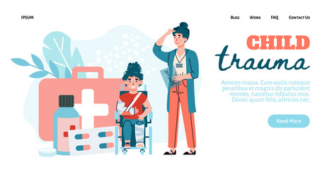 Website banner template for kids traumatology clinic with child trauma - header and cartoon characters, flat vector illustration. Web landing page for kids clinic.