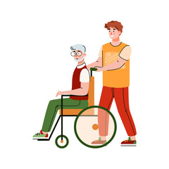 Young man volunteer supporting an elderly disabled person, flat cartoon vector illustration isolated on white background. Old people help and daily assistance concept.