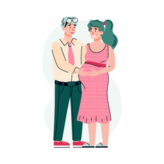 Young man embraces his smiling pregnant woman. Happy married couple waiting for a child. Vector illustration isolated on a white background.