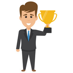 
Businessman celebrating with trophy award for success in business 
