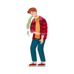 A male with one of the symptoms of food poisoning. Young man suffers from vomiting and nausea. Vector isolated illustration.