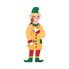Fototapeta na wymiar Santas helper elf cartoon character making a wooden toy, flat vector illustration isolated on white background. Elf or dwarf preparing Christmas presents for children.