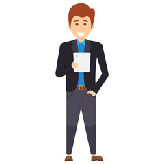 
A young male business manager in office suiting with standing posture reading important document
