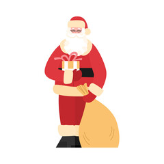 Traditional Christmas Santa Claus cartoon character holding sack of presents, flat vector illustration isolated on white background. Santa preparing Christmas gifts.