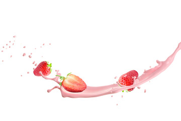 Splash of strawberry milk with berries on white background