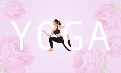 Word YOGA and sporty young woman on pink background with flowers