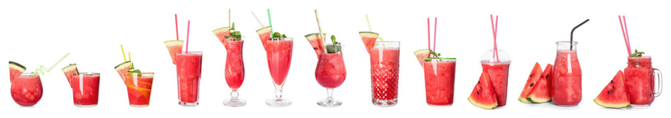 Glassware of fresh watermelon cocktail on white background