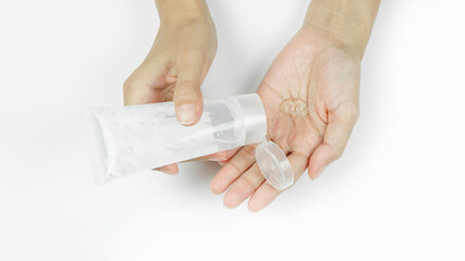 A tube with hand antibacterial gel on a white isolate.