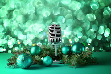 Retro microphone with Christmas decor on table against blurred lights