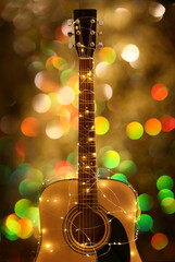 Obraz na płótnie Canvas Guitar with glowing Christmas garland against blurred lights