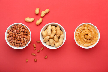 Composition with tasty peanut butter on color background