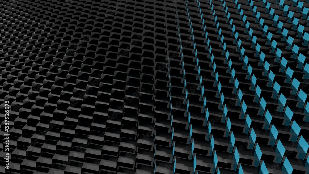 Poster Abstract gray-blue background from reflective cubes. 3d rendering.