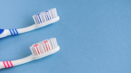 A pair of red and blue toothbrushes. Copy space