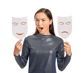 Young talented actress with different masks on white background