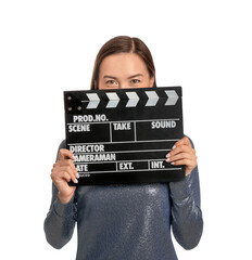 Young female film director with movie clapper on white background