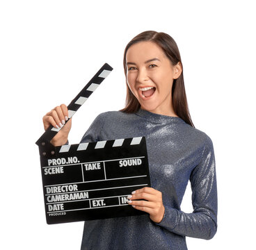Young Female Film Director With Movie Clapper On White Background