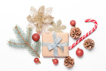 Beautiful Christmas decor with gift box on white background