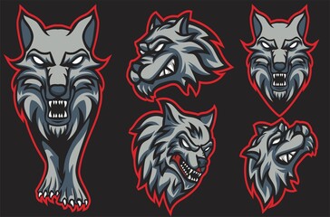 set of wolf head emblems in esports style gray with thick red outline