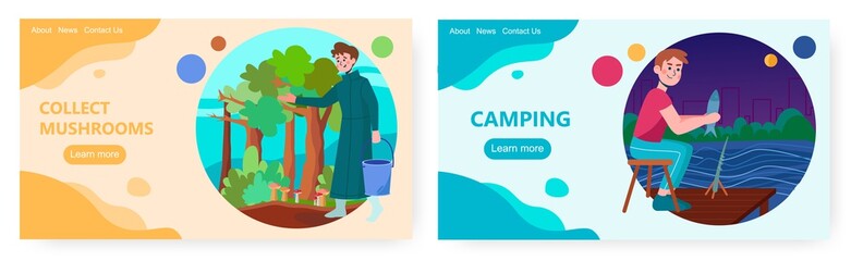 Man collect mushrooms in a forest. Man fishing on a lake. Summer holiday and weekend acticities vector concept illustration. Fisherman on a pier, forest mushrooms. Web site design template