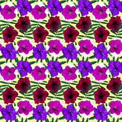 Seamless pattern with red, purple, violet Petunia flowers and green leaves on yellow background. Endless colorful floral texture. Raster illustration.