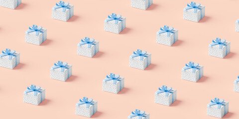 Christmas shopping concept, flat lay festive celebration pattern, gifts present new year decoration creative banner, 3d illustration,