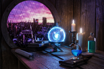 Alchemist  concept. Crystal mystic ball, Spell book,  magic ring, magic potions bottles, burning...