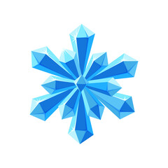 Crystal snowflake with sparkling facets. Shimmering star snowflake made of blue crystals isolated in white background. Vector illustration in cartoon style