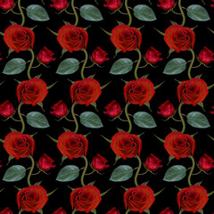 Seamless pattern with red rose flowers and green leaves on black background. Endless colorful floral texture. Raster illustration.