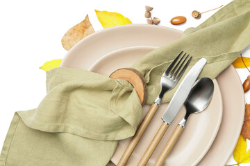 Beautiful table setting with autumn decor on white background