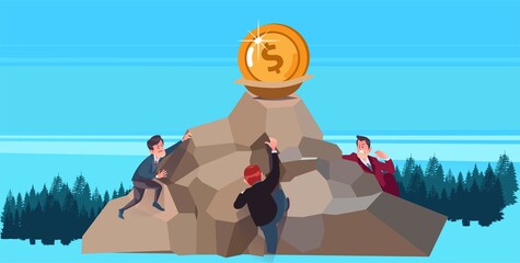 vector illustration business concept man climb up mountain to get golden coin in nest