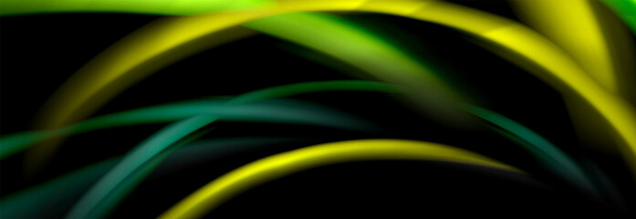 Dynamic motion abstract background. Color blurred stripes on black. Wave liquid lines poster. Vector illustration