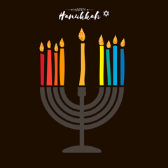 Happy Hanukkah. The Jewish Festival of Lights. Festive menorah on black background.