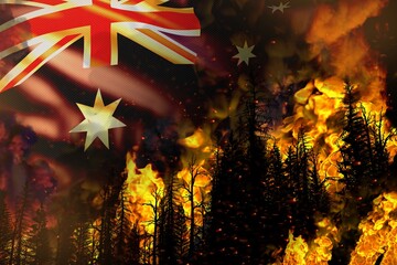 Forest fire natural disaster concept - infernal fire in the trees on Australia flag background - 3D illustration of nature