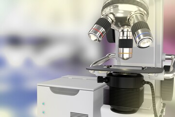 coronavirus work concept, laboratory modern scientific microscope on selective focus background - object 3D illustration