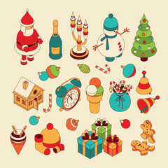 Christmas isometric cute toys. Funny Santa and showmans. Candelabrum and gingerbread house
