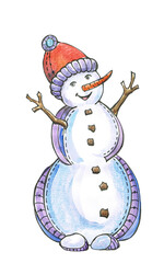 Watercolor cartoon snowman isolated on white background. Snowman with cheerful smile. Hand painted illustration can be used for christmas, new year, winter design.