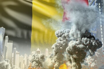 huge smoke pillar with fire in abstract city - concept of industrial disaster or terrorist act on Belgium flag background, industrial 3D illustration