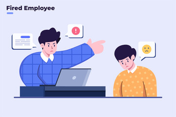 Flat illustration fired employee with angry boss and sad employees,Boss firing employee, Unemployment, crisis, jobless and employee job reduction, business crisis, kicked out of work, financial crisis