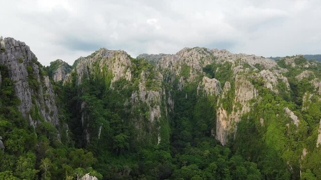 Aerial view of Limestone mountains in in Ban mung, Noen Maprang district, Phitsanulok, Thailand by drone