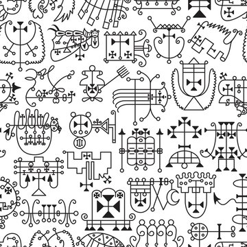 Seamless pattern with demon symbols and their sigils. Occult sings collection