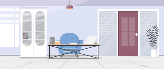 Loft-style room. Bright room. Workplace. Table with laptop, books and documents. Flower in a pot, wooden cabinet. Vector.