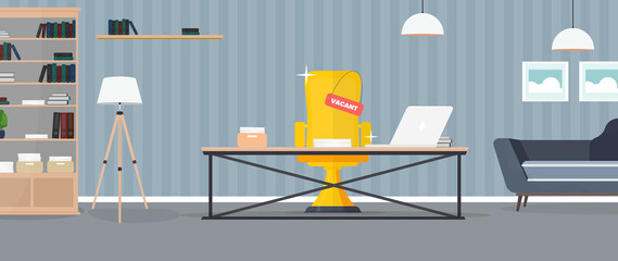 Vacant place banner. Search for a leader. Loft style table. Workplace, books, documents, laptop. Vector.