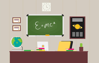 School teacher shows on blackboard. Flat design. Vector illustration.