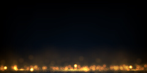 Vector abstract luxury background with defocused golden glitter dust. Blurred lights effect. Shiny glittering on dark.